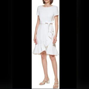 Calvin Klein NWT SZ 10 Ivory Short Sleeve Crepe Dress with Ruffle and Waist Tie